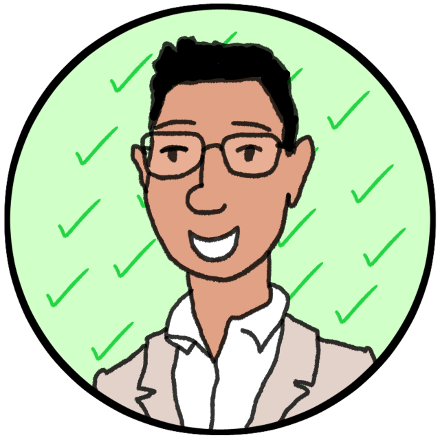 Cartoon drawing of a smiling person with glasses and short hair, wearing a beige jacket and white shirt, on a green background with checkmarks.