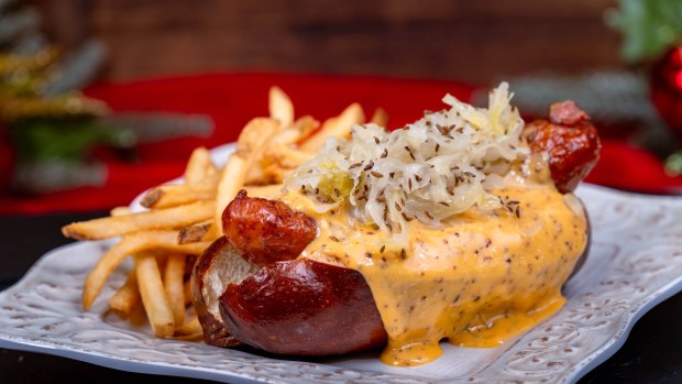 The Oktoberfest Dog available during Halloween Time at Award Wieners in Hollywood Land at Disney California Adventure. (Courtesy of Disneyland)