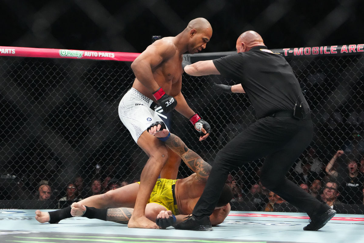 Mar 7, 2026; Las Vegas, Nevada, UNITED STATES; Gregory Rodrigues (red gloves) reacts after defeating fight Brunno Ferreira (blue gloves) during UFC 326 at T-Mobile Arena. Mandatory Credit: Stephen R. Sylvanie-Imagn Images