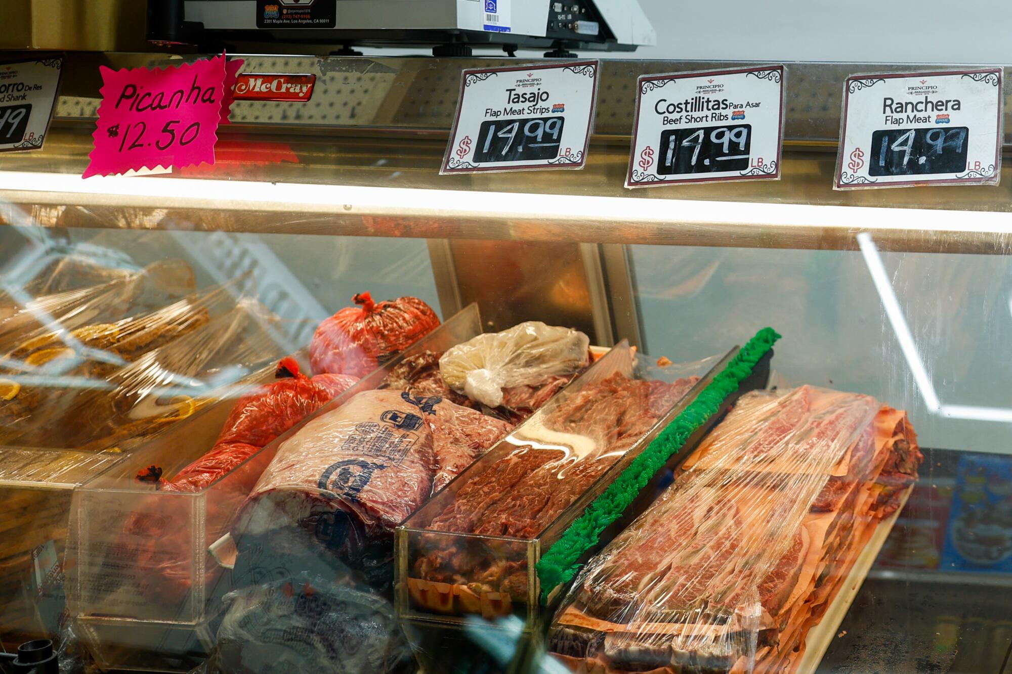 Various cuts of meat on display for sale