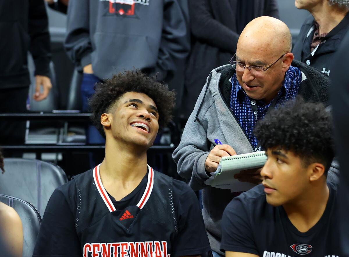 Eric Sondheimer, right, interviews Dominic Dent during his days at Corona Centennial.