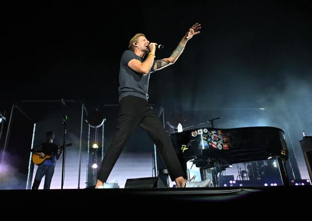 Andrew McMahon performs on his upright piano during the Three Pianos tour, August 22, 2026, at the new F&M Bank Amphitheater of Long Beach. (Photo by Steven Georges, Contributing Photographer)