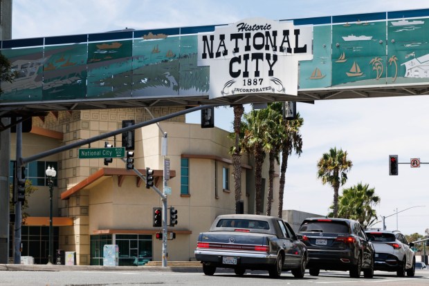 San Diego, California - A pedestrian bridge on the intersection of 8th Street and National City Boulevard in National City, as seen on Saturday, Aug. 15, 2026. (Kristian Carreon / The San Diego Union-Tribune)