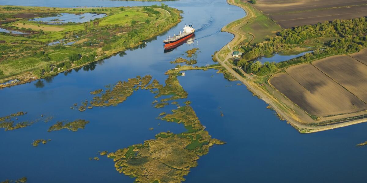 An ocean-going grain ship transits the deep water channel in the Sacramento-San Joaquin River Delta.