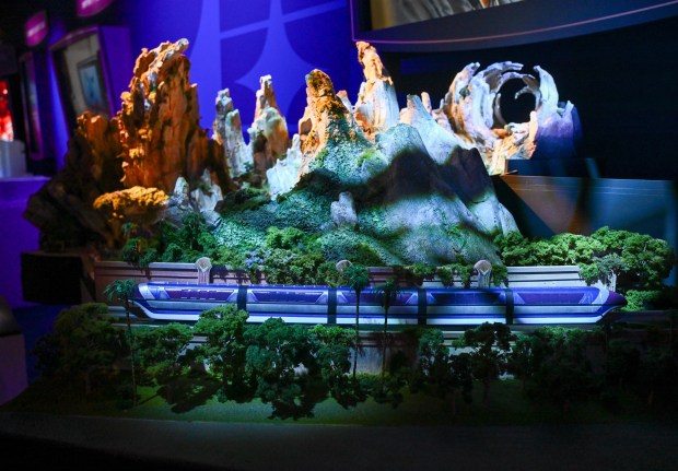The Monorail goes past a rock work model of Avatar Destination ride coming to California Adventure at the Imagineering: Horizons pavilion during a media preview of the D23 Disney fan expo on Thursday, August 13, 2026, in Anaheim. (Photo by Jeff Gritchen, Orange County Register/SCNG)
