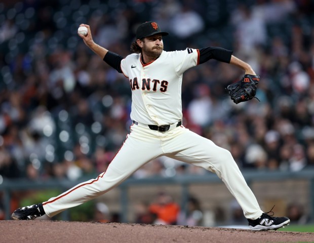 San Francisco Giants relief pitcher Jason Foley #64 throws against the Cincinnati Reds in the fourth inning of their MLB game at Oracle Park in San Francisco, Calif., on Monday, August 24, 2026. (Jane Tyska/Bay Area News Group)