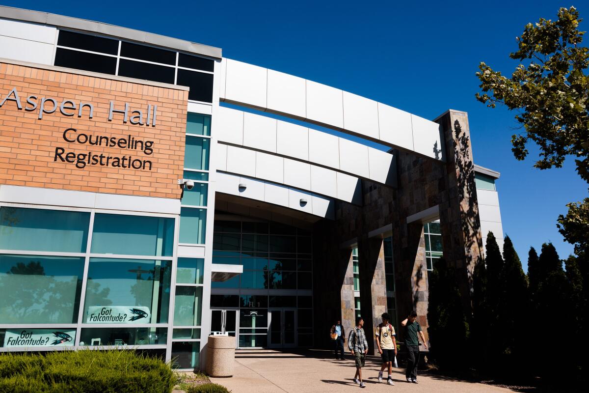 The outide of a community college building. 