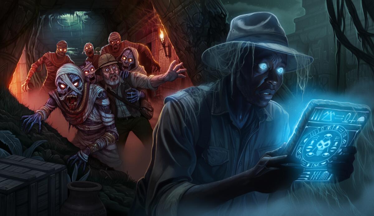 Mummies sneaking up on archaeologist with a glowing tablet.  