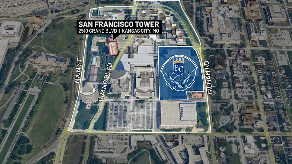 San Francisco Tower is located northwest of the proposed Kansas City Royals new ballpark.