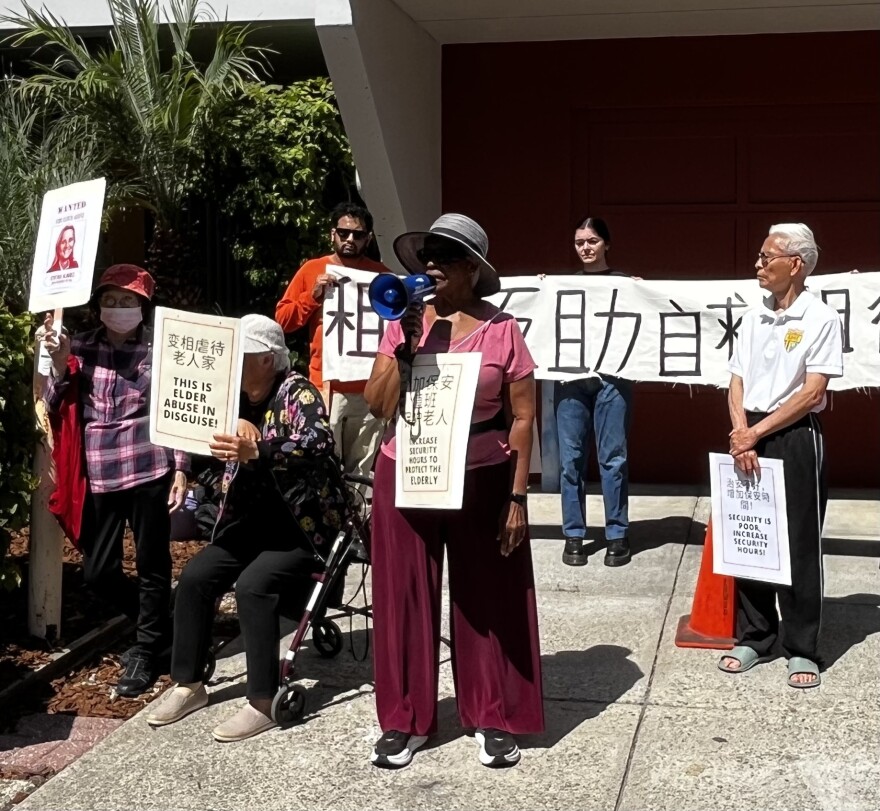 Francine Broadnax a resident of Southlake Towers speaking to media. She is in a red and pink outfit holding a microphone. A sign around her neck reads "Increase Security Hours To Protect The Elderly".
