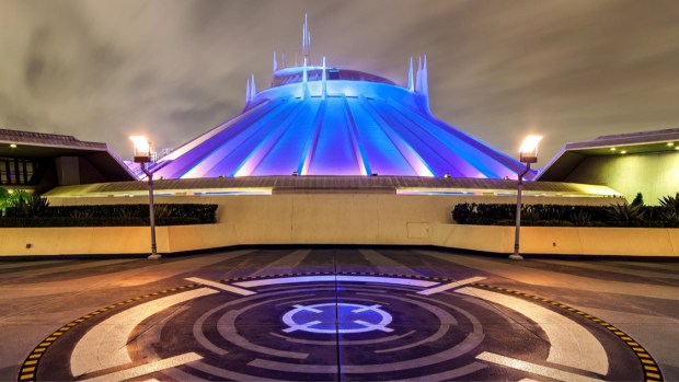 The Space Mountain facade in Tomorrowland at Disneyland will be bathed in projection lighting effects in honor of the release of "Fantastic Four: First Steps" film. (Courtesy of Disneyland)