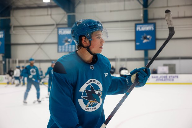 San Jose Sharks' Macklin Celebrini (71) practices at Tech CU Arena in San Jose, Calif., on Thursday, Aug. 27, 2026. (Shae Hammond/Bay Area News Group)