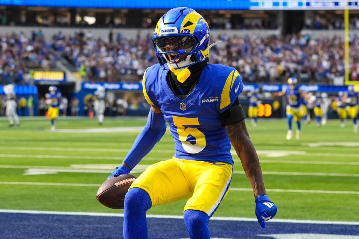Rams wide receiver Tutu Atwell celebrates after a touchdown against the Indianapolis Colts 