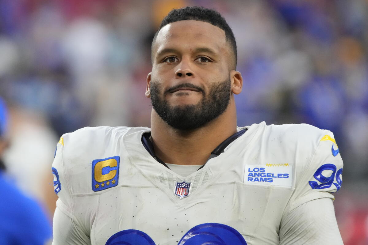 Rams defensive tackle Aaron Donald leaves the field after a game against the Arizona Cardinals in November 2023.