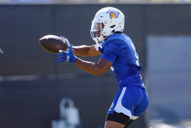 San Jose State's Malachi Riley (11) makes a catch at SJSU's first training camp football practice on the practice field at San Jose State University in San Jose, Calif., on Wednesday, July 29, 2026. (Nhat V. Meyer/Bay Area News Group)