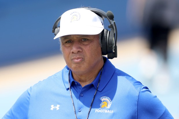 San Jose State Spartans head coach Ken Niumatalolo looks on during the San Jose State Spartans spring football showcase at CEFCU Stadium in San Jose, Calif., Saturday, April 18, 2026. (Ray Chavez/Bay Area News Group)