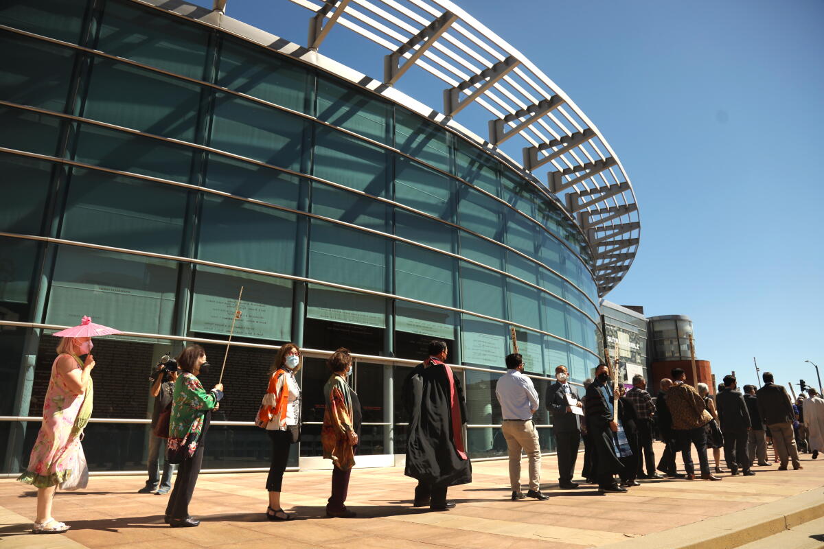 Visitors line up outside the Japanese American National Museum for a 2022 event recalling World War II incarceration camps. 
