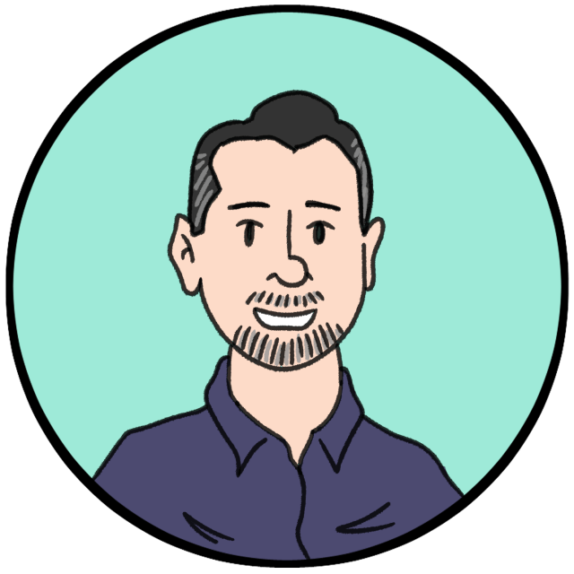 Cartoon illustration of a man with short dark hair, a trimmed beard, and a purple shirt, set against a teal background within a circular border.