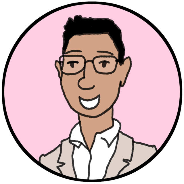 Illustration of a smiling person with short dark hair, glasses, and a beige jacket over a white shirt, set against a pink circular background.