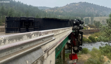 Big rig crash on I-80 near California-Nevada border leaves truck hanging off bridge, CHP says