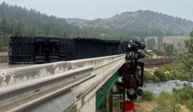 Big rig dangles off bridge on I-80 after crash near the California-Nevada line
