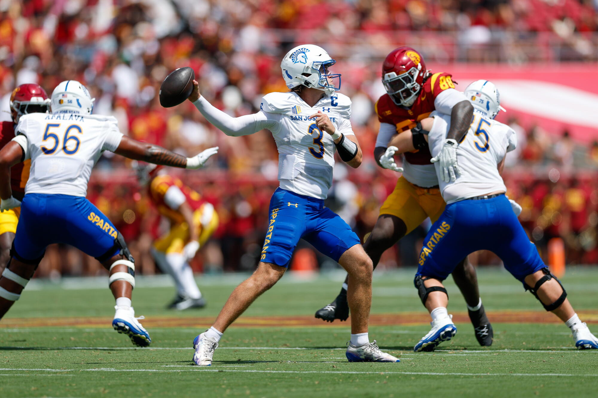 San José State quarterback Luke Weaver passes during the first quarter against USC on Saturday.