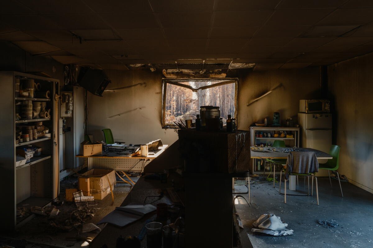 An interior of a burned out building