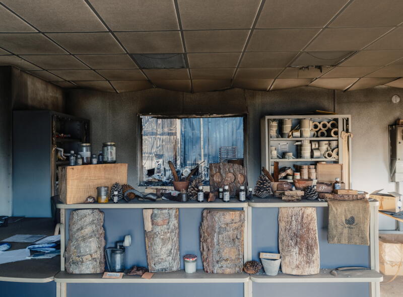 the interior of a pine resin distillery destroyed by fire