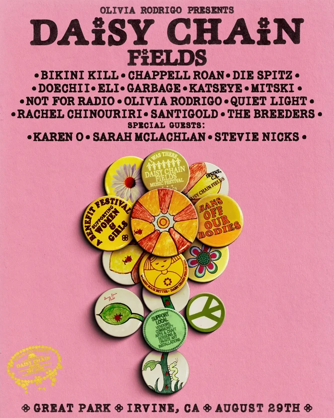 A pink poster for Olivia Rodrigo's 'Daisy Chain Fields' festival lists performers, with buttons arranged into a flower shape below.