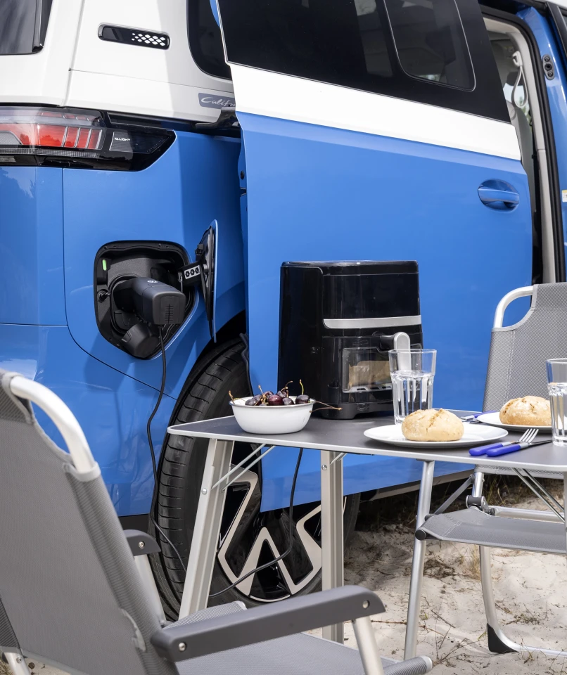 With its vehicle-to-load capability, the ID. California Cruise modernizes base camp with support of electric accessories like coffeemakers, blenders and air fryers