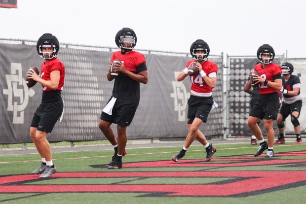 San Diego quarterbacks (left to right) Draiden Trudeau, Jayden Dengeal, Brady Campbell and Stone Saunders go through a practice drill during preseason camp. (Kristian Carreon / The San Diego Union-Tribune)