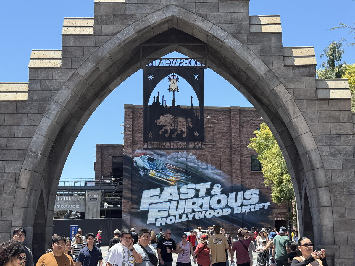The view of Fast & Furious: Hollywood Drift from Universal Studios Hollywood's Wizarding World of Harry Potter.