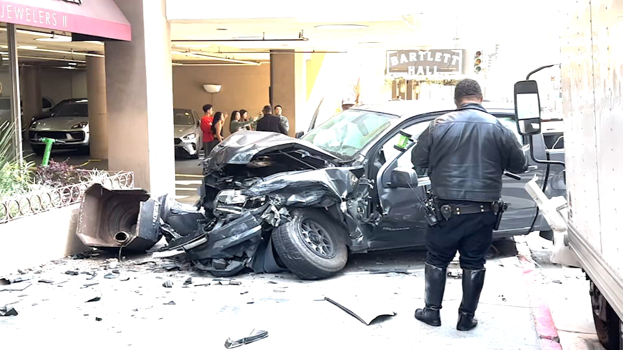 Image shows truck damaged after crashing into light pole in San Francisco on Sunday, Aug. 9, 2026.
