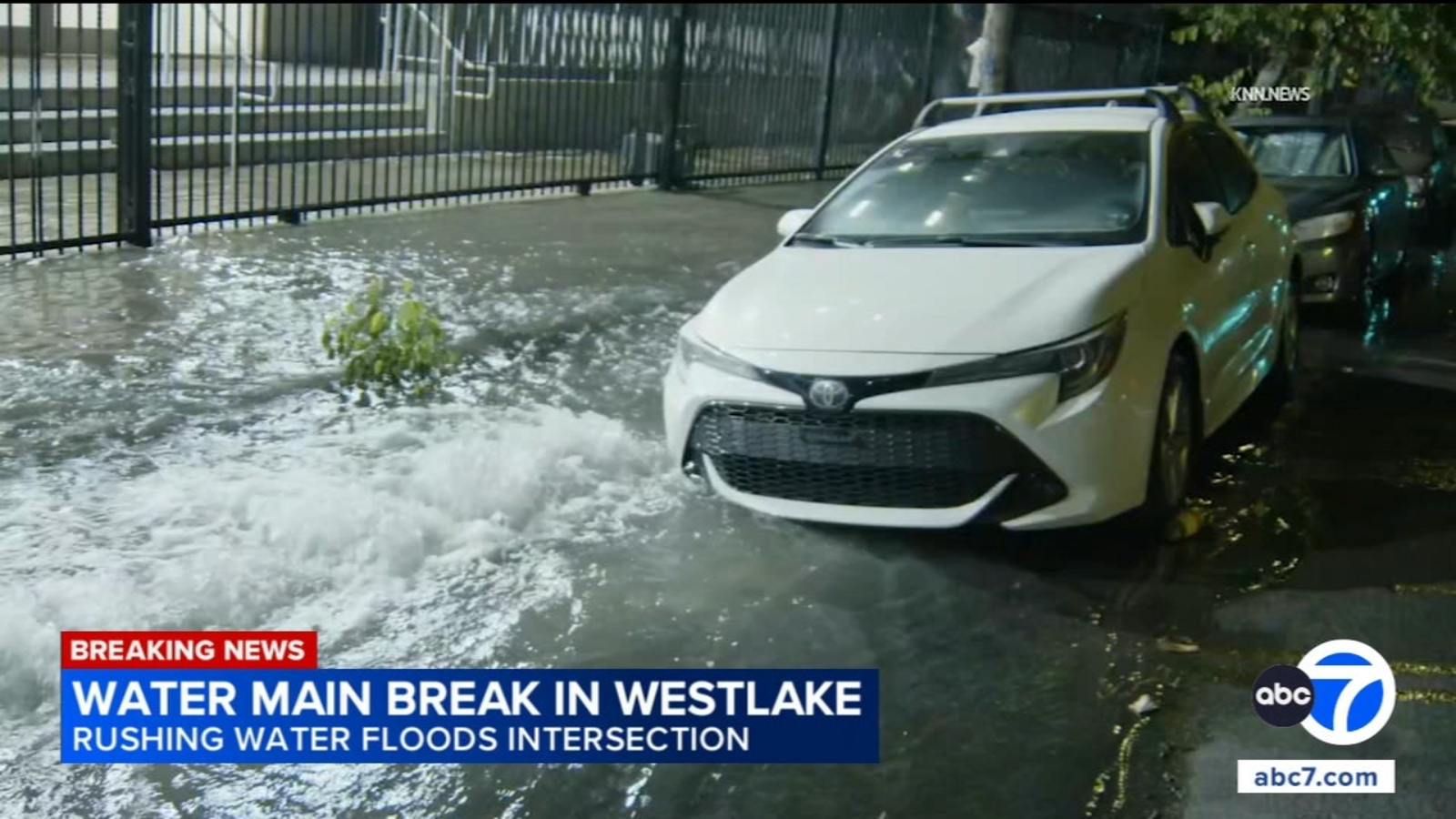 Rushing water floods Westlake, Los Angeles intersection after water main break