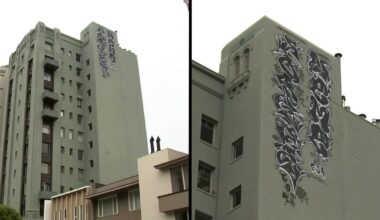 Graffiti atop San Francisco Pacific Heights building possibly from Taipei, Taiwan rappel taggers known as EO4