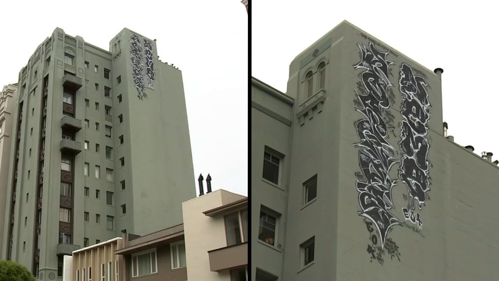 Graffiti atop San Francisco Pacific Heights building possibly from Taipei, Taiwan rappel taggers known as EO4