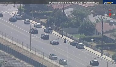 Wild LA police chase today through San Fernando Valley in Southern California ends in wrong-way, head-on car crash on 405 Freeway into CHP cruiser
