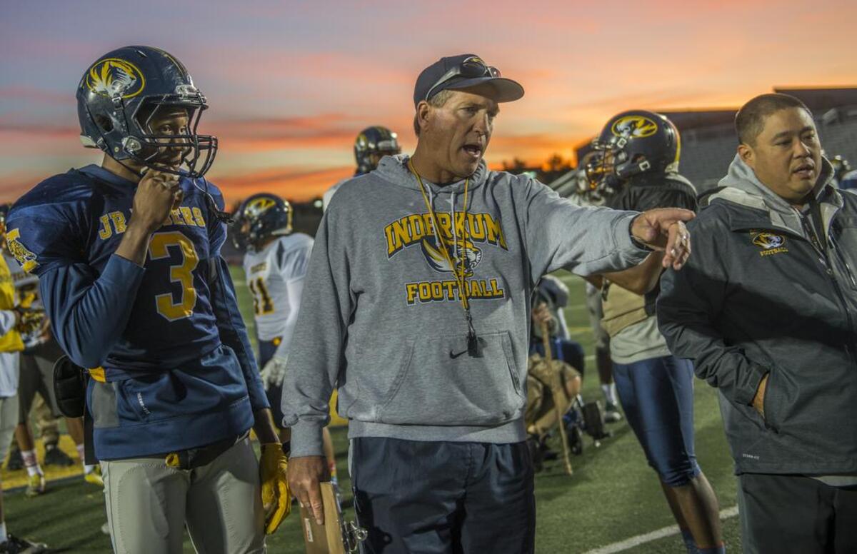 Terry Stark, then the coach at Inderkum High School in Natomas, directs his players during practice in 2015. The Sacramento area’s winningest active coach will lead Antelope this season.