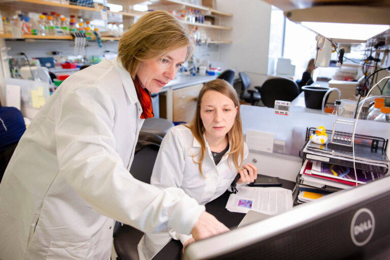 Jennifer Doudna works with her students in her biochemistry lab at the Innovative Genomics Institute at UC Berkeley.