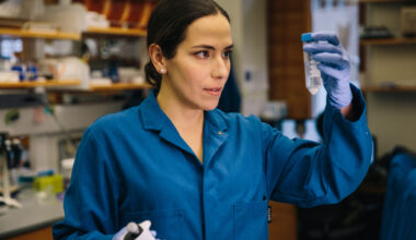 UC Berkeley Professor Markita Landry holds a test tube in her lab.