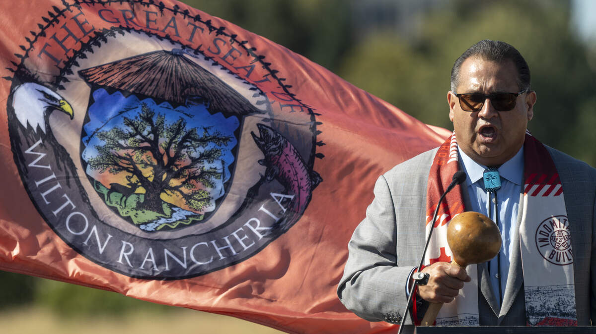 Assemblymember James Ramos, D-Highland, sings a traditional song during a groundbreaking for Republic FC’s new stadium in the Railyards in Sacramento on Monday, Aug. 18, 2025. Ramos authored a bill that would hat would give Native American tribes more say over state land that was approved by the Legislature.