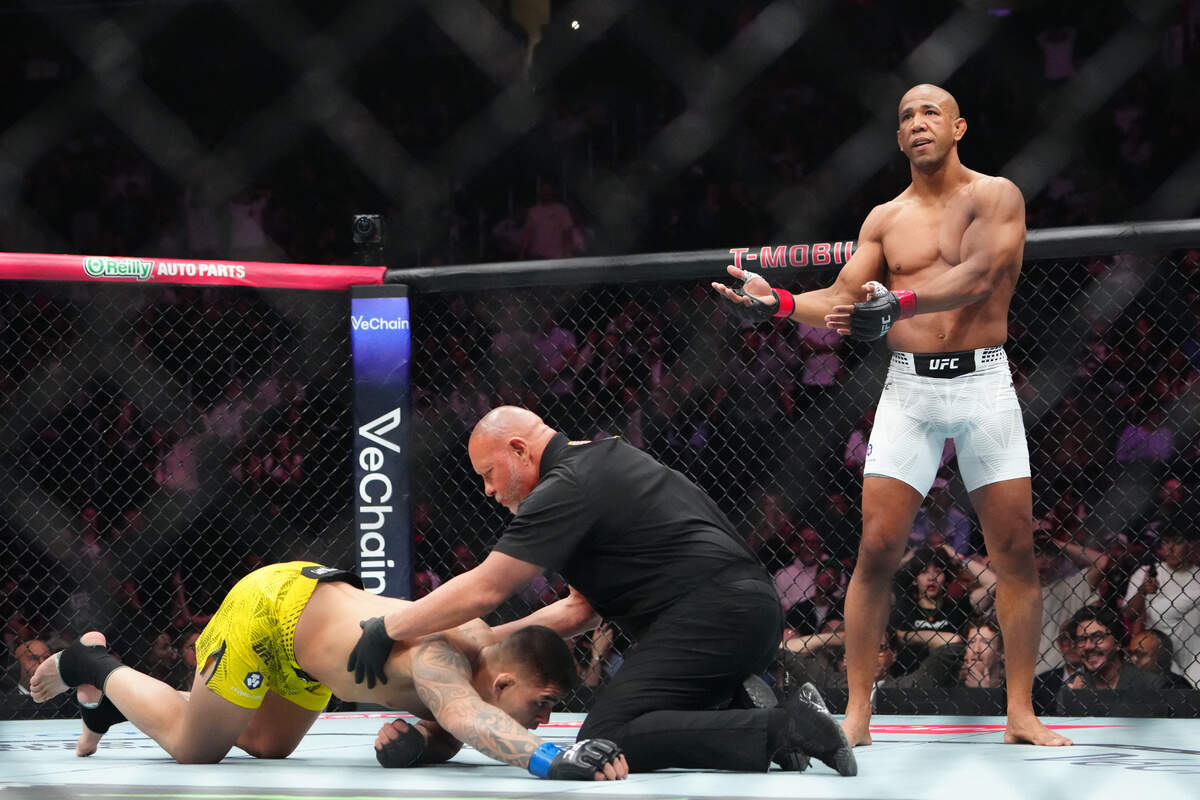 Gregory Rodrigues, standing, reacts after defeating Brunno Ferreira during UFC 326 on March 7 at T-Mobile Arena in Las Vegas.