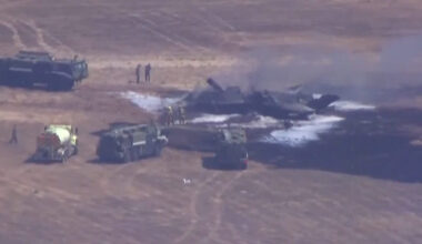 Smoke rises after a Marine Corps F-35B accident at Marine Corps Air Station Miramar