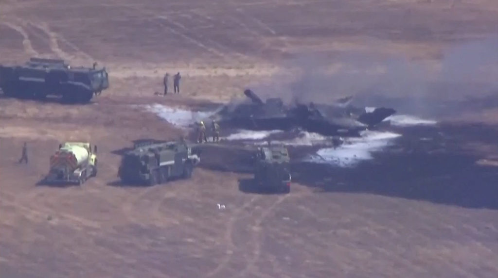 Smoke rises after a Marine Corps F-35B accident at Marine Corps Air Station Miramar
