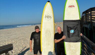 Dennis Carey, right, spends most of his summer days in Long Beach. He grew up on Wisconsin Street with longtime friend Rick Barry.