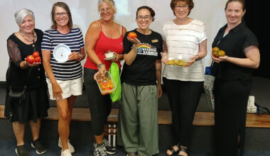 Sheryl Beck, of Lido Beach, far left, won ugliest tomato, while Elizabeth Pryke, of Long Beach, grew the smallest one. Kristen Donovan, of Island Park, earned honorable mention for her peach-tomato salsa; librarian and garden club organizer Nicole Menzzasalma presented prizes. Long Beach resident Beverly Hansel-Silberstang won the tastiest category with a tomato, corn and avocado recipe, and Oceanside resident Marsha Volgyi grew the biggest tomato.