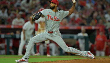 Philadelphia Phillies starting pitcher Cristopher S&aacute;nchez (61) delivers to the plate during the second inning against the Los Angeles Angels at Angel Stadium.