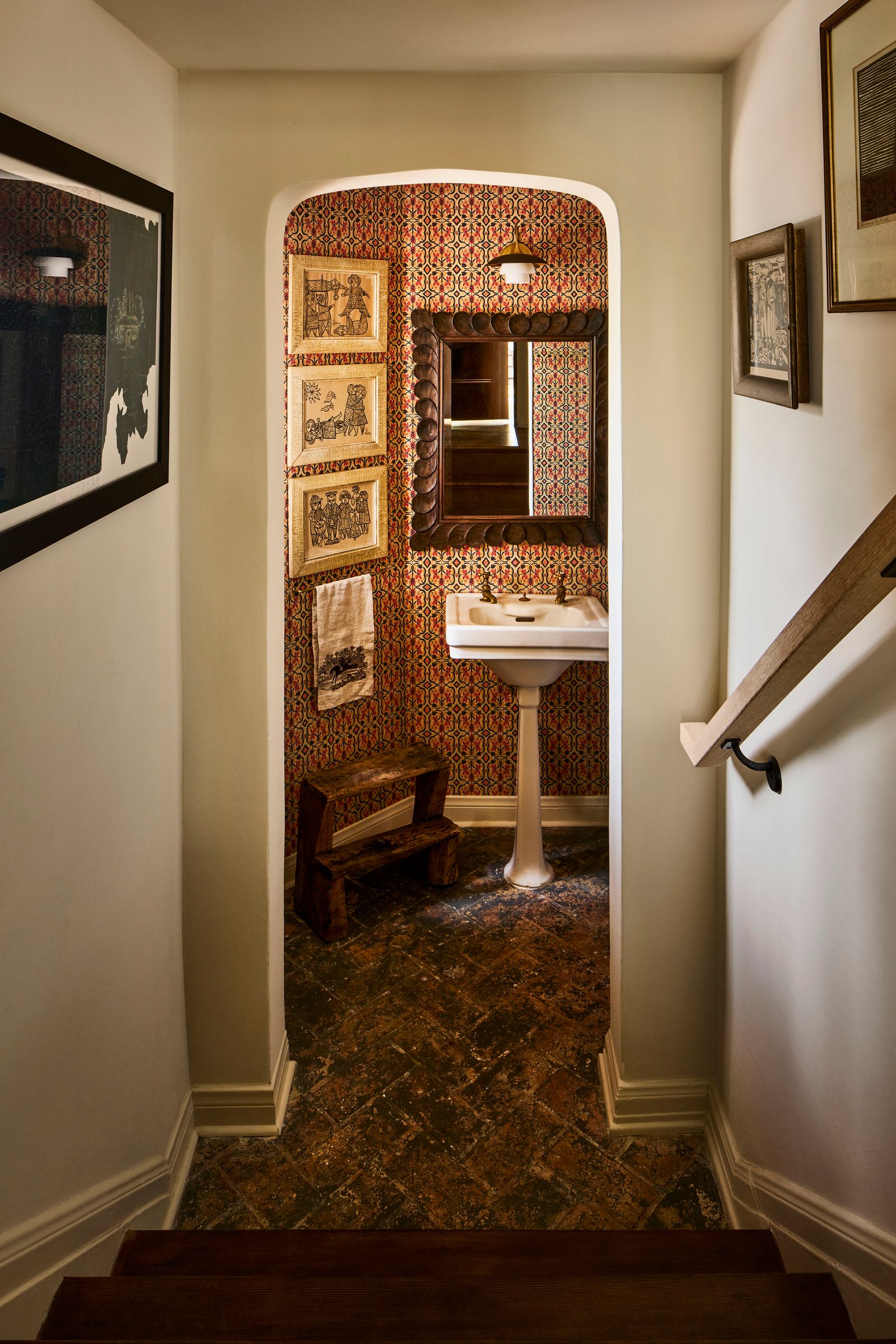 Image may contain Corner Sink Sink Faucet Indoors Interior Design Art Painting and Person