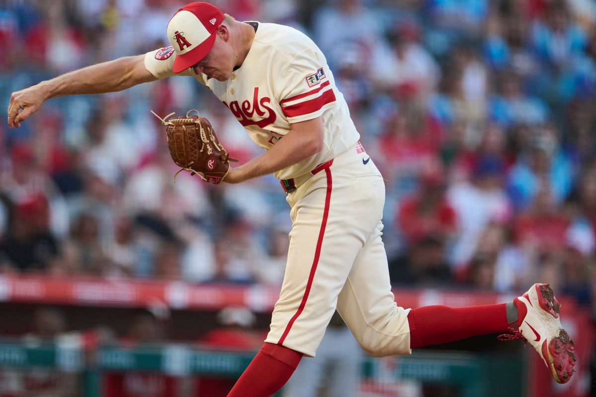 The Los Angeles Angels Ryan Johnson #32 pitches during an MLB game against The Milwaukee Brewers on July 31st, 2026 at Angel Stadium in Anaheim, California.