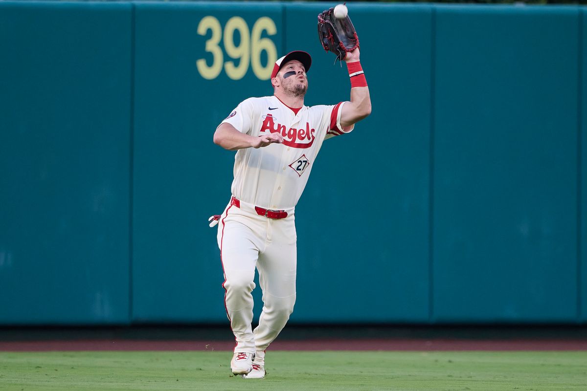 The Los Angeles Angels Mike Trout #27 catches the ball during an MLB game against The Milwaukee Brewers on July 31st, 2026 at Angel Stadium in Anaheim, California.